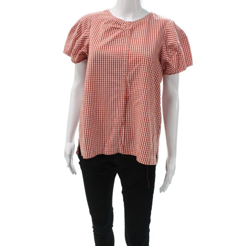 Fabiana Pigna Women Red Gingham Round Neck Cotton Short Sleeve Blouse Size S